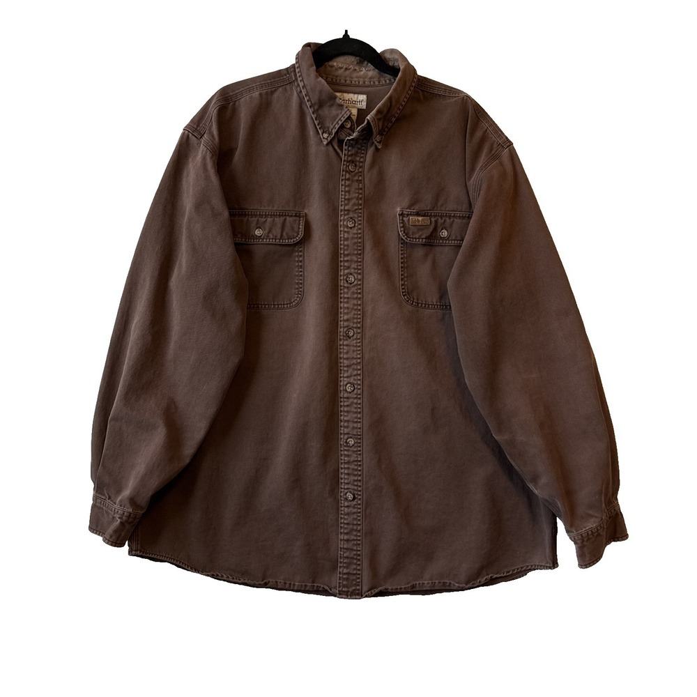 Vintage‎ Carhartt Brown Washed Long Sleeve Button Up Shirt 2XL Workwear Layering